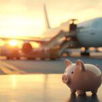 Sparschwein auf Tisch am Flughafen mit Flugzeug und Sonnenuntergang im Hintergrund